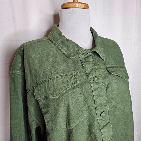 J.Crew Popover Shirt Cotton Linen Blend Green Long Sleeve Buttoned Cropped Sz M - Picture 3 of 12
